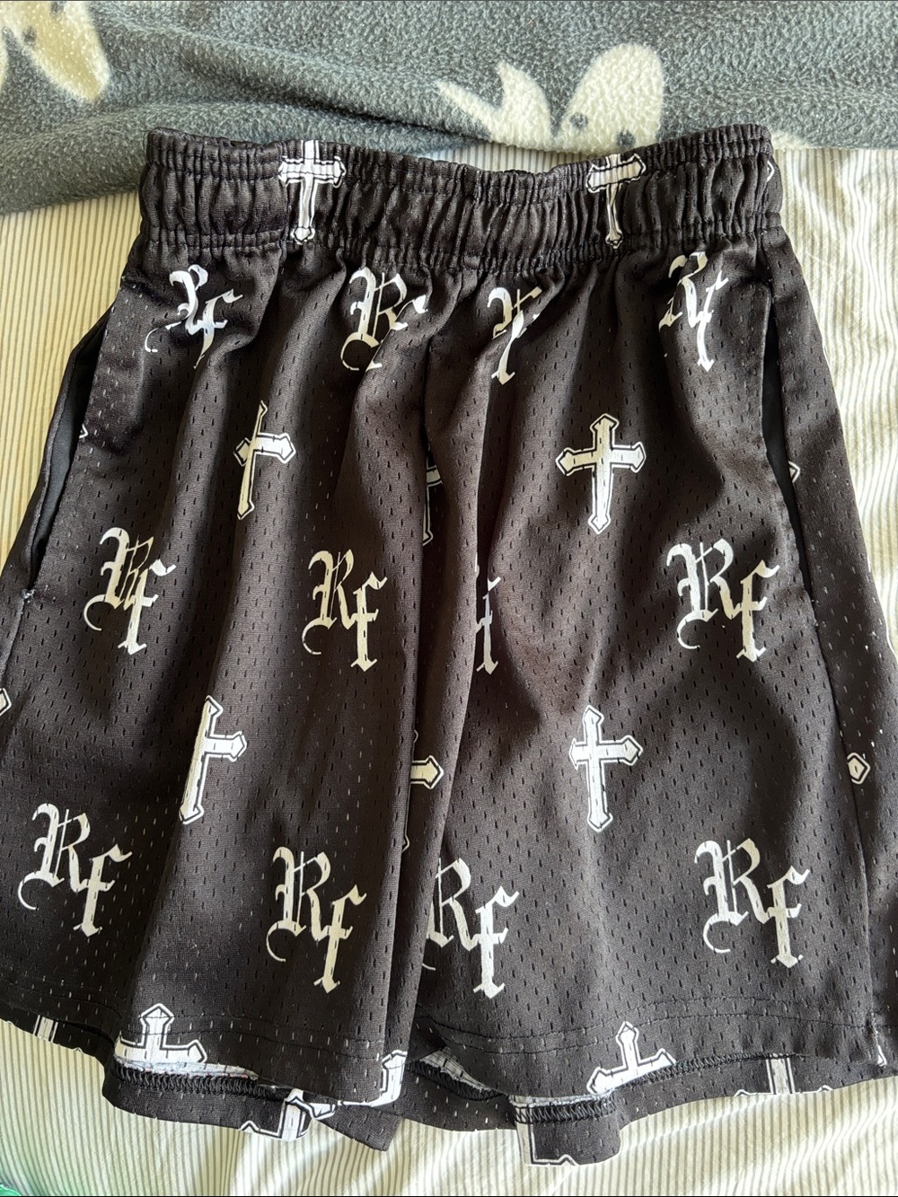 RF Werr Black Athletic Mesh Shorts with RF & Cross Print